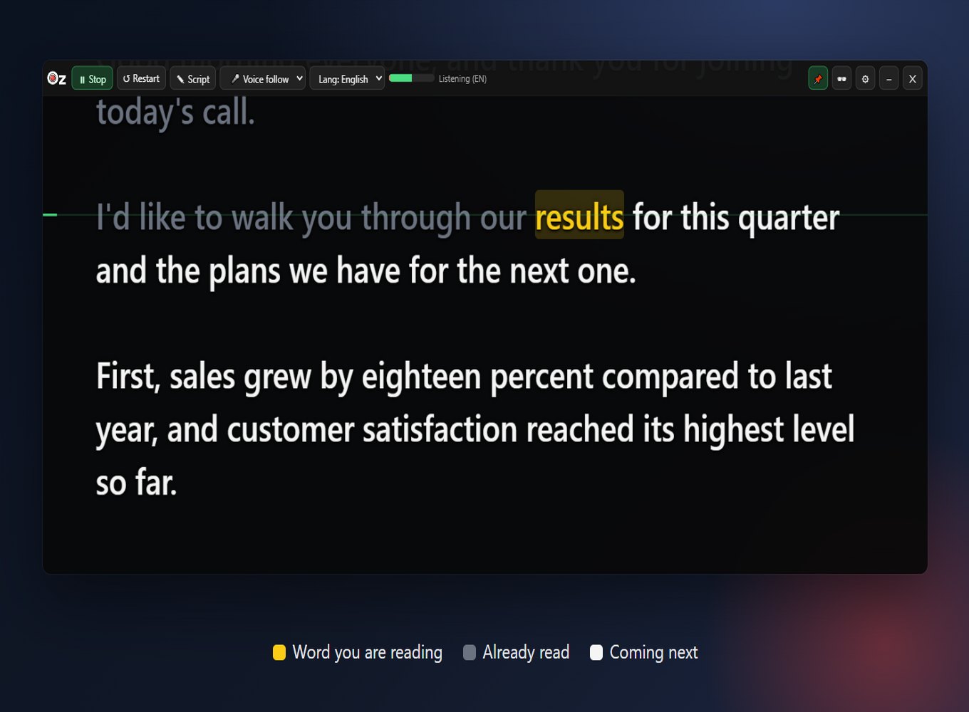 OzPrompter script with the current word highlighted in yellow