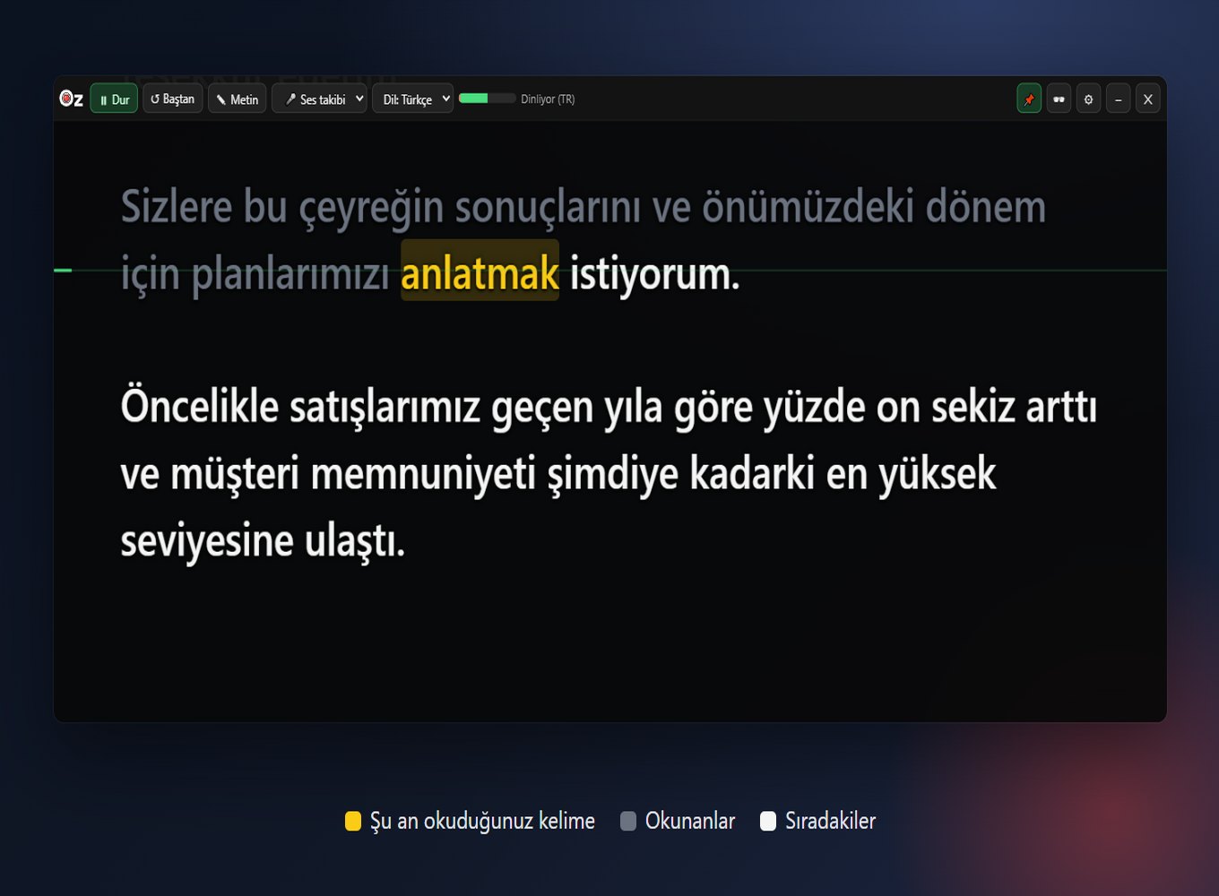 Okunan kelimenin sarı renkle vurgulandığı OzPrompter metni