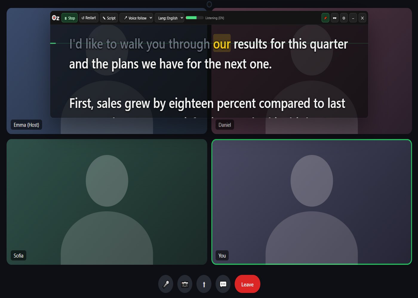 OzPrompter window floating above a video call