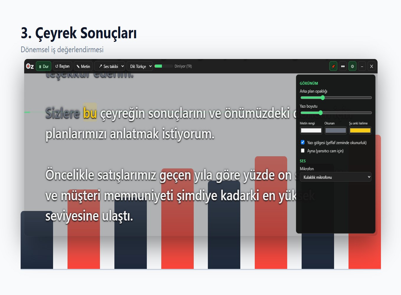 Sunum slaydının üzerinde yarı şeffaf OzPrompter penceresi ve görünüm ayarları